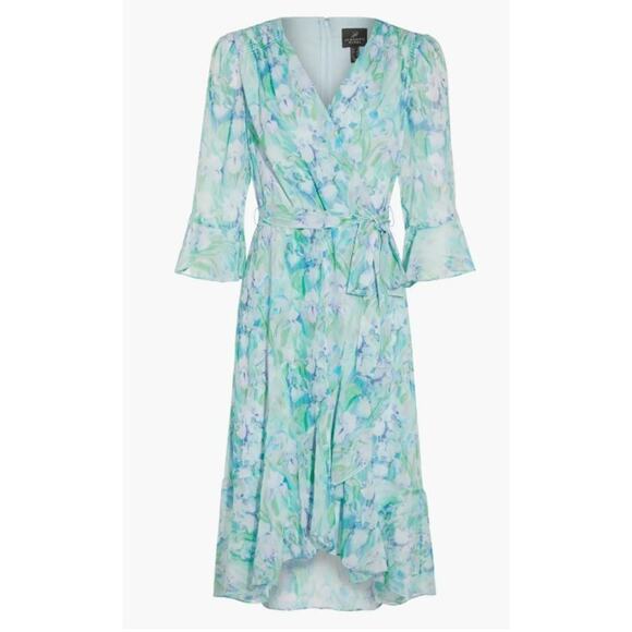 Adrianna Papell Womens 14 Blue Iris Print 3/4 Sleeve Chiffon Dress Lined - Picture 1 of 7